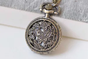 1 PC Antique Bronze Butterfly Flower Small Pocket Watch 27mm A5480