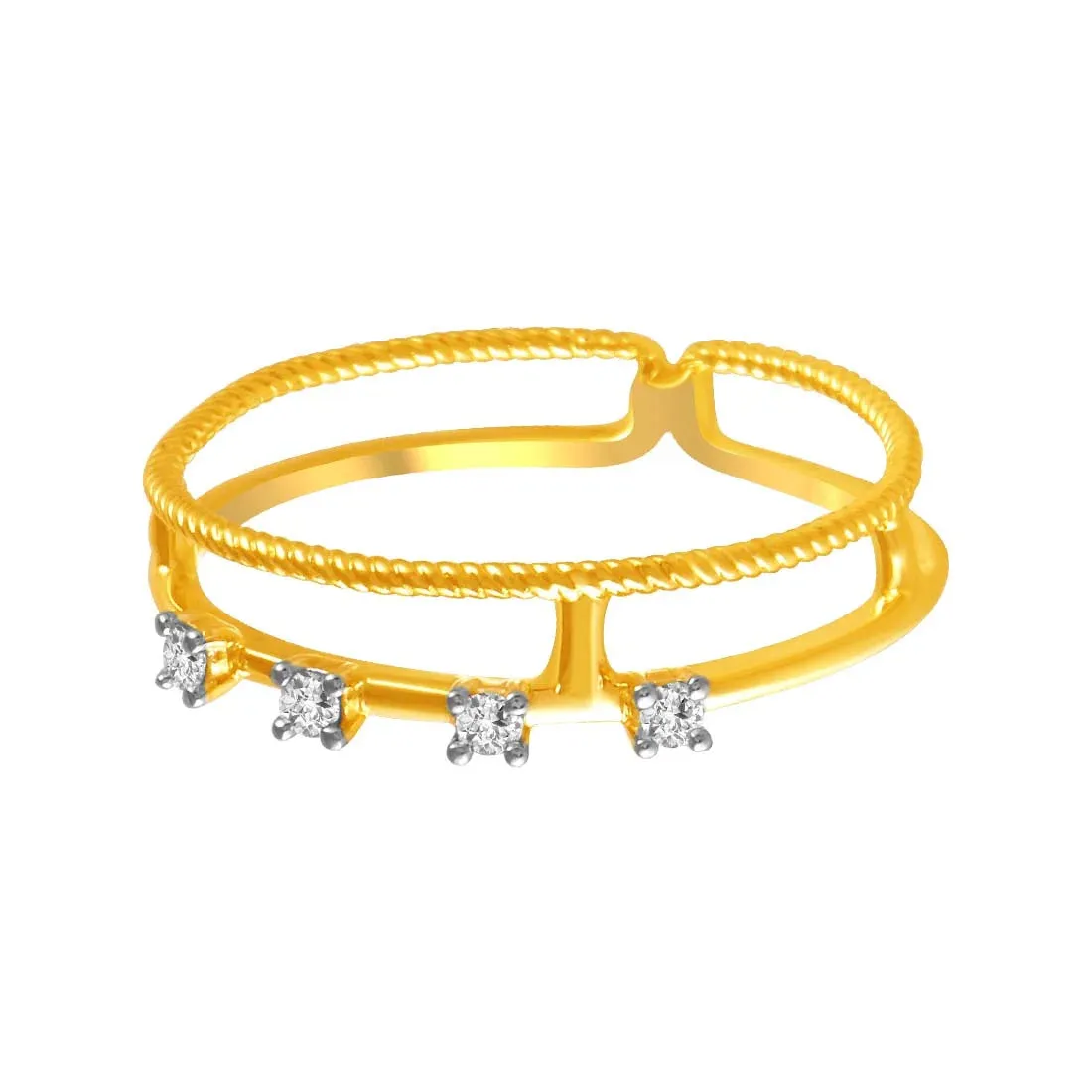14K Diamond-studded Gold Ring With A Double-band Design And A Twisted, Rope-like Band Overlapping A Plain Band