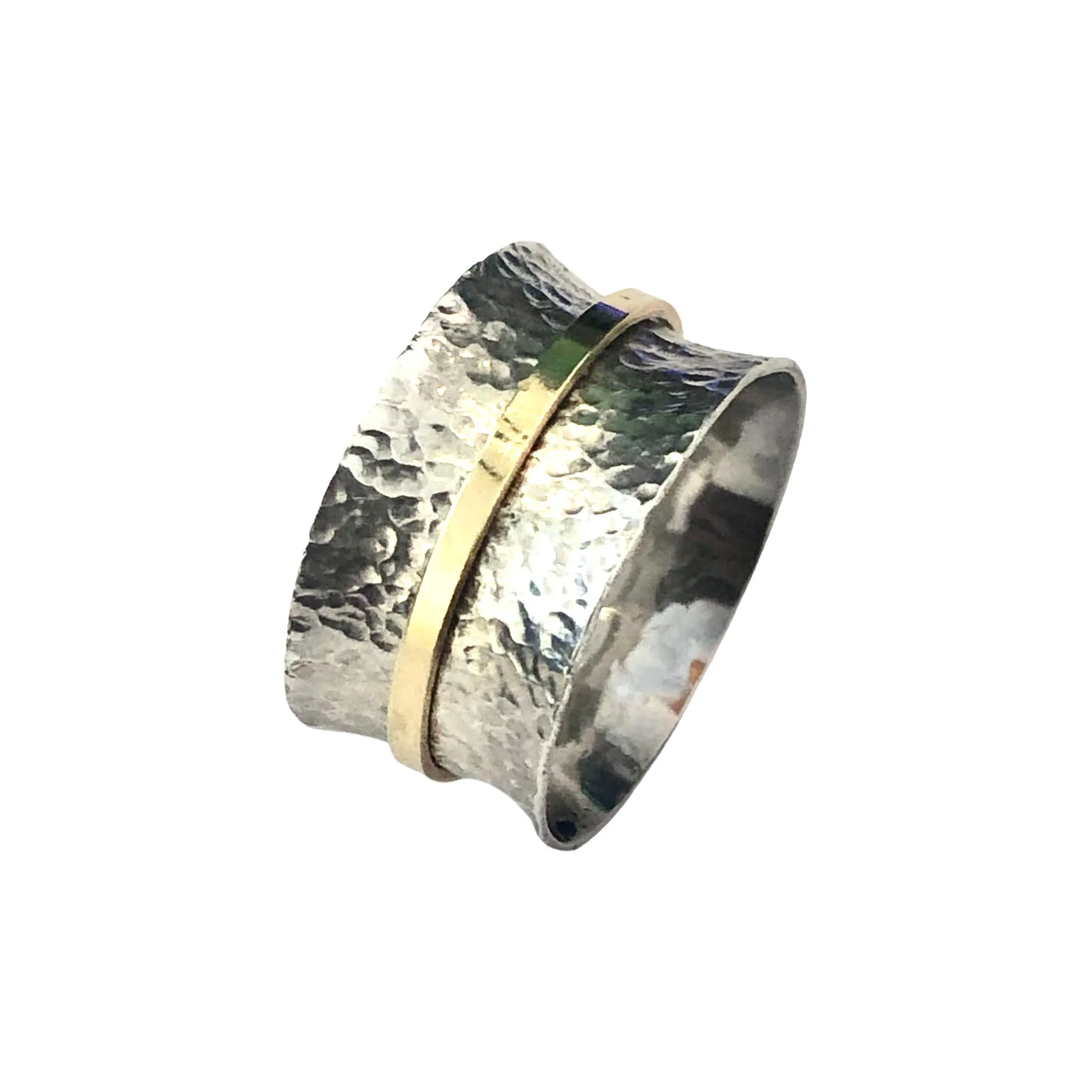 14k Flat Yellow  Gold Spinner Ring & Wide Sterling Silver Hammered Concave Band
