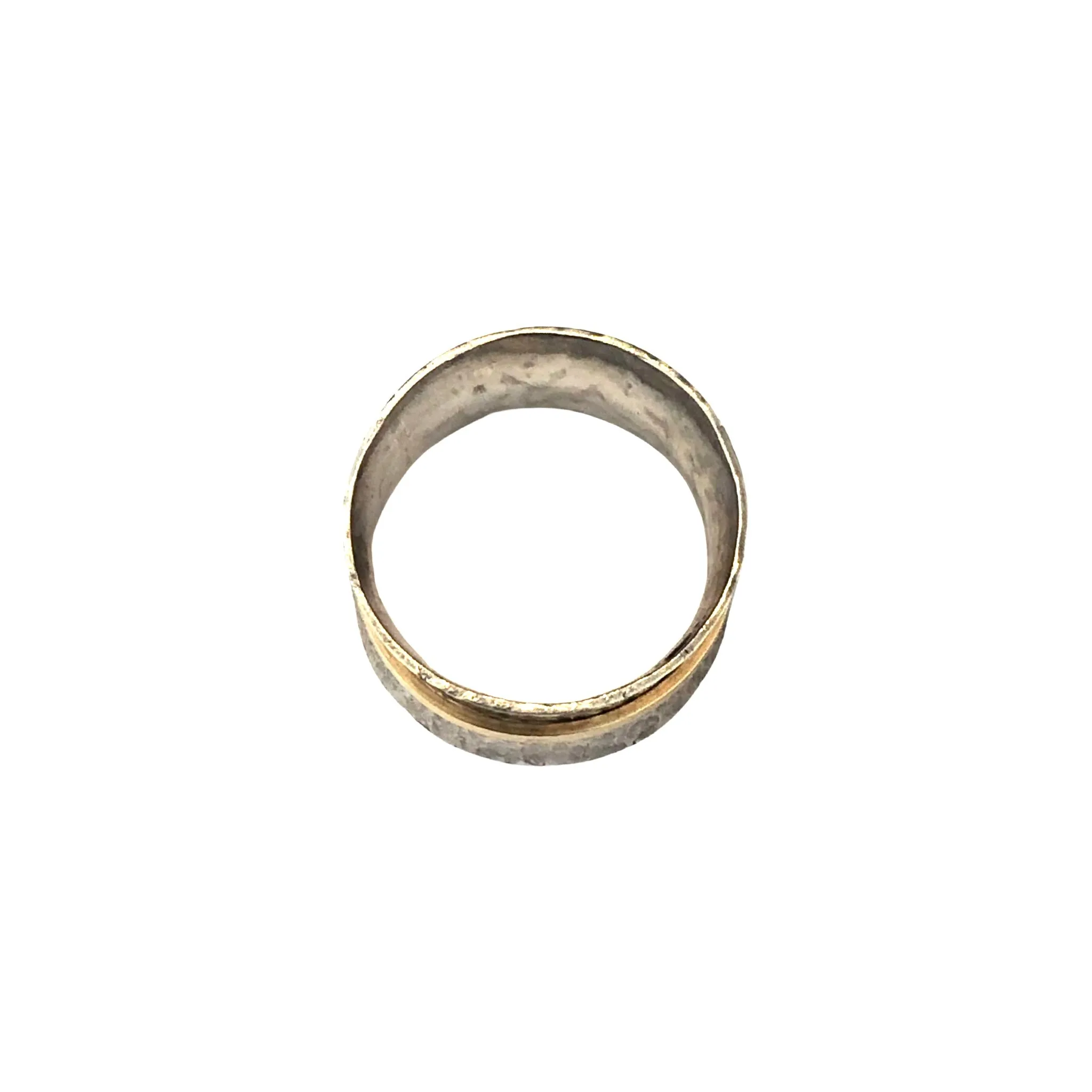 14k Flat Yellow  Gold Spinner Ring & Wide Sterling Silver Hammered Concave Band