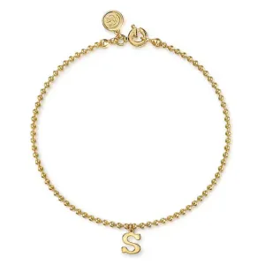 14K Y Gold 7" Beaded Initial 'S' Bracelet