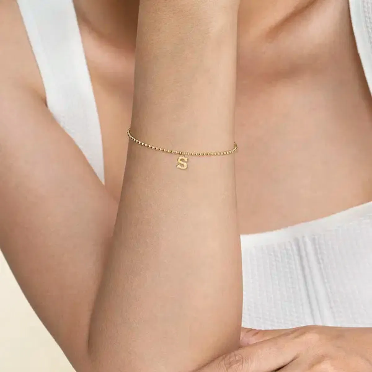 14K Y Gold 7" Beaded Initial 'S' Bracelet