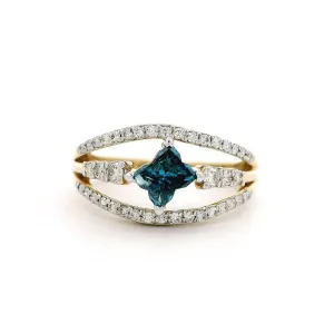 14K Yellow Gold 'Salt & Pepper' Flower Blue Diamond Ring