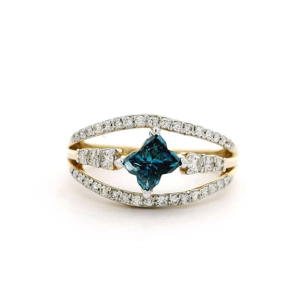14K Yellow Gold 'Salt & Pepper' Flower Blue Diamond Ring