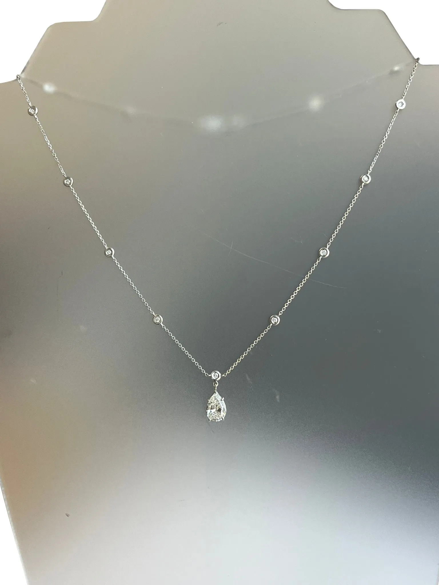 1.56ct Pear Shape Diamond Link Chain Station Necklace Pendant 14K White Gold