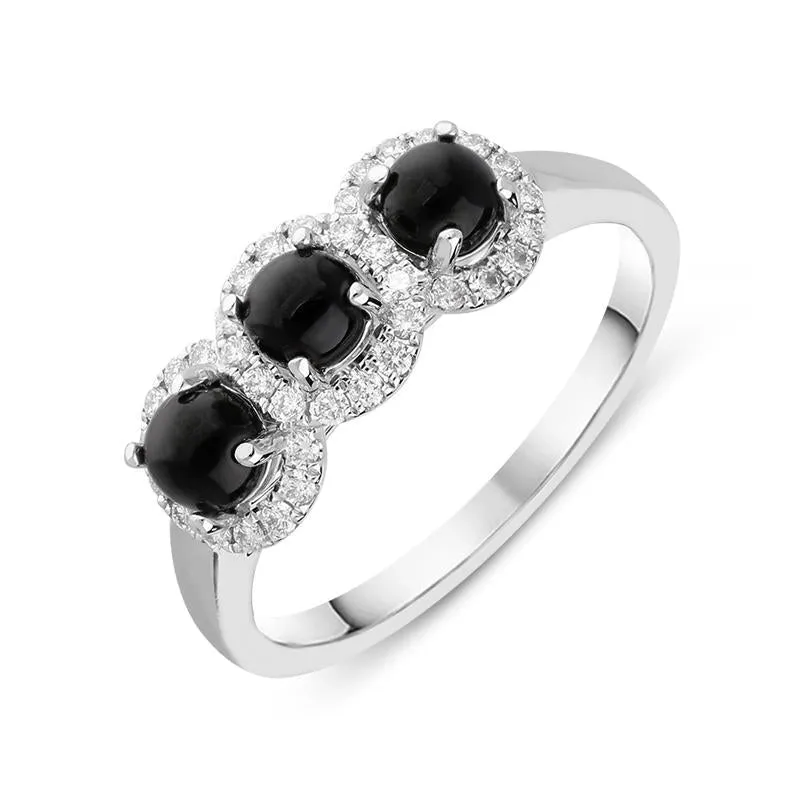 18ct White Gold Whitby Jet 0.24ct Diamond Three Stone Ring