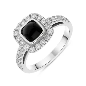 18ct White Gold Whitby Jet 0.58ct Diamond Cushion Ring