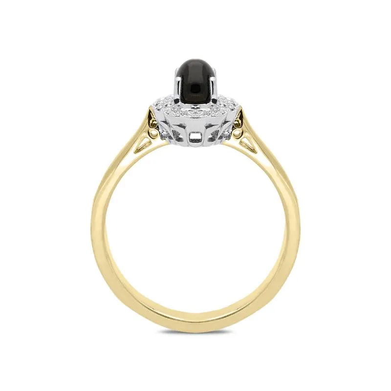 18ct Yellow Gold Whitby Jet 0.16ct Diamond Milgrain Cluster Ring