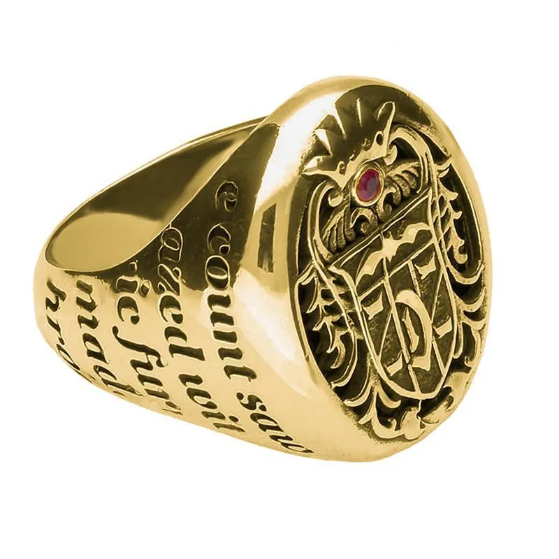 18ct Yellow Gold Whitby Jet Ruby Dracula Crest Replica Signet Ring