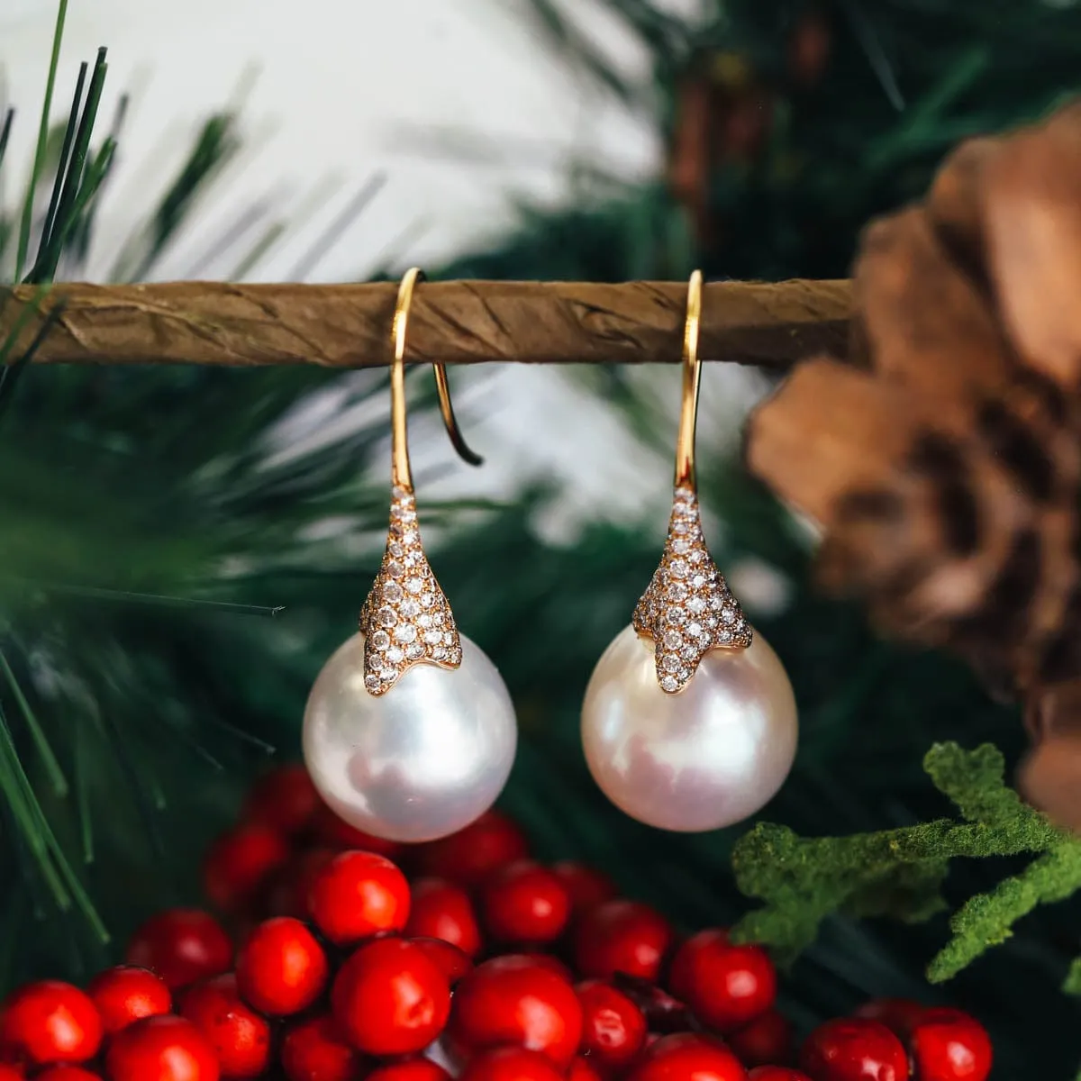 18K Pink Gold Pearl Drop Earrings with Diamonds