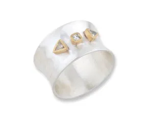 22k Yellow Gold & Sterling Silver "Aurora" Hammered Thin Band, with 3 Diamonds