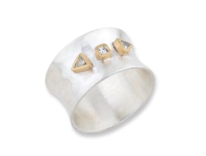 22k Yellow Gold & Sterling Silver "Aurora" Hammered Thin Band, with 3 Diamonds