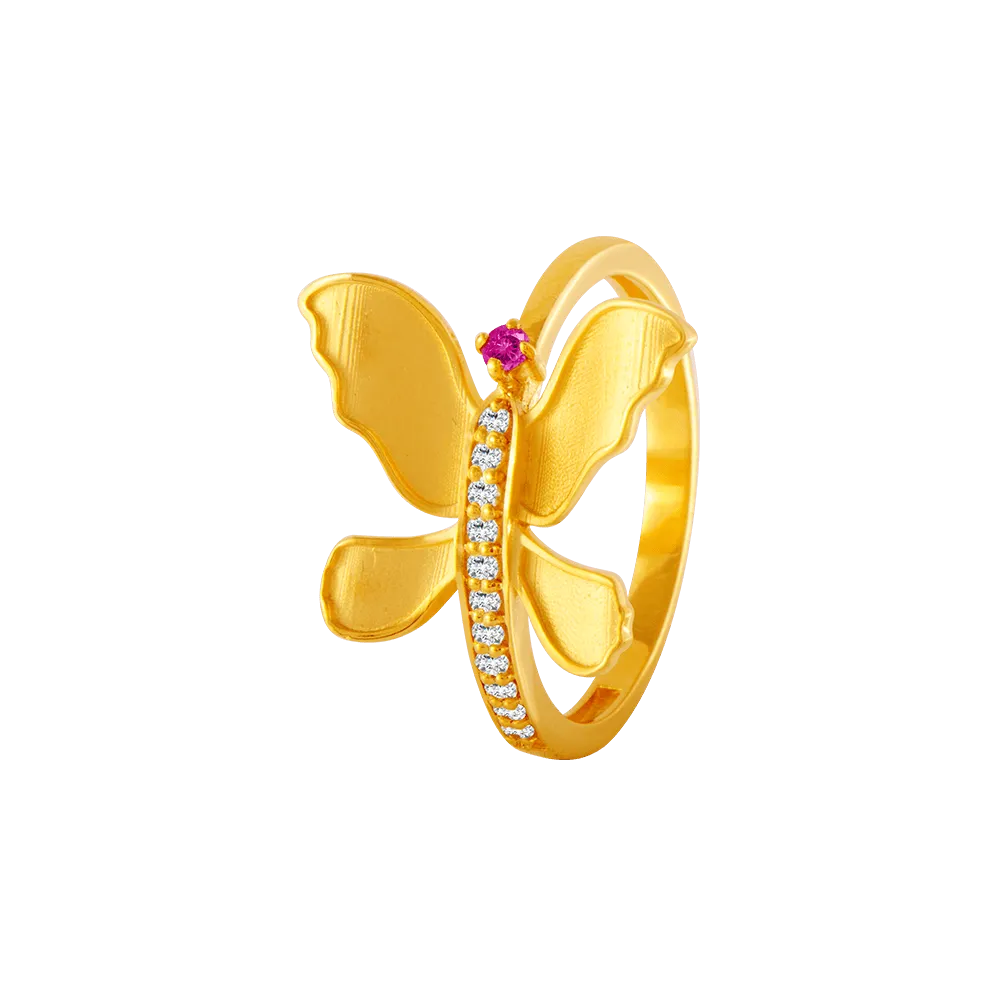22KT Yellow Gold, American Diamond And Ruby Ring For Women