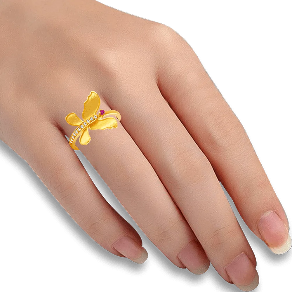 22KT Yellow Gold, American Diamond And Ruby Ring For Women