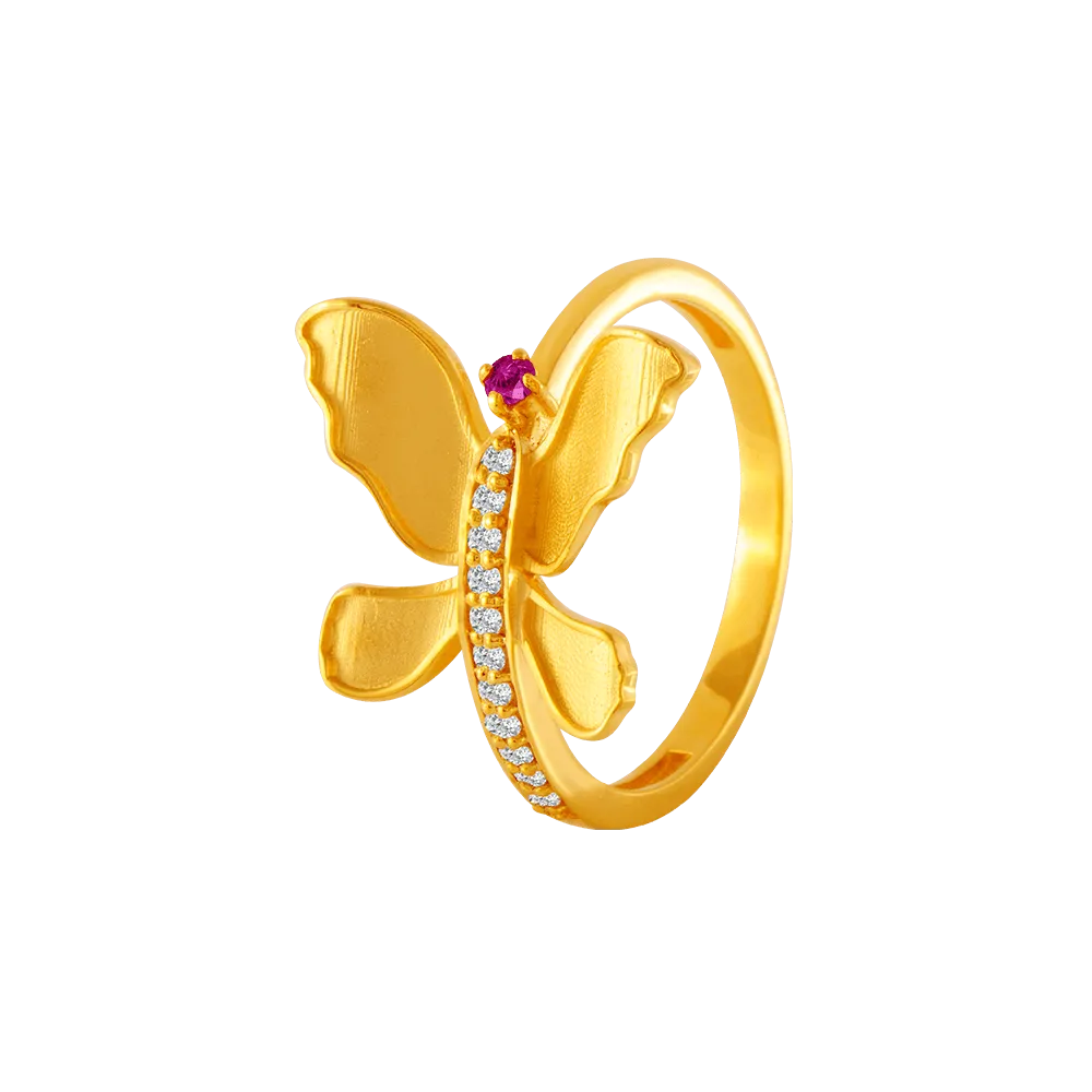 22KT Yellow Gold, American Diamond And Ruby Ring For Women
