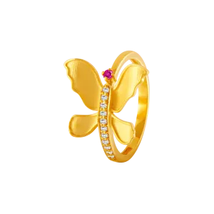 22KT Yellow Gold, American Diamond And Ruby Ring For Women