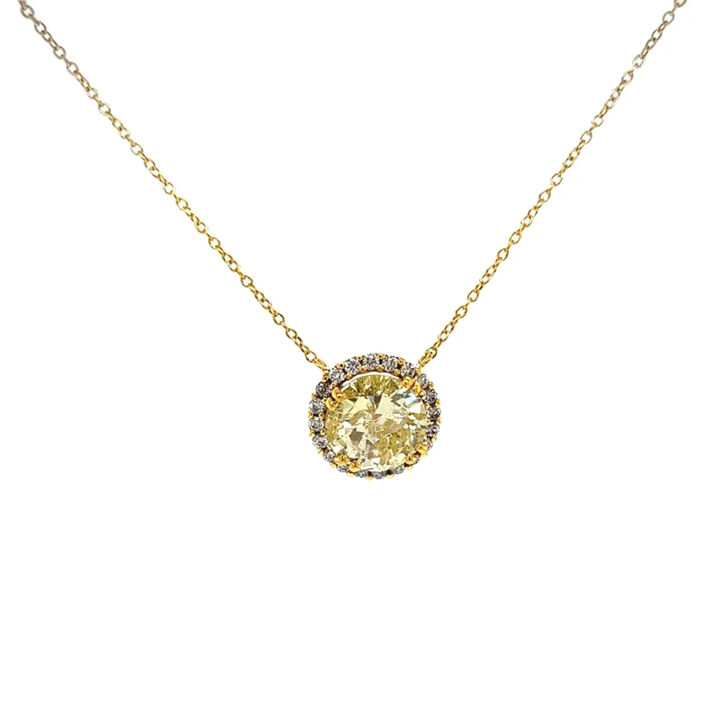 3.15 Carat Natural Fancy Yellow Round Diamond 18K Gold Halo Pendant Necklace