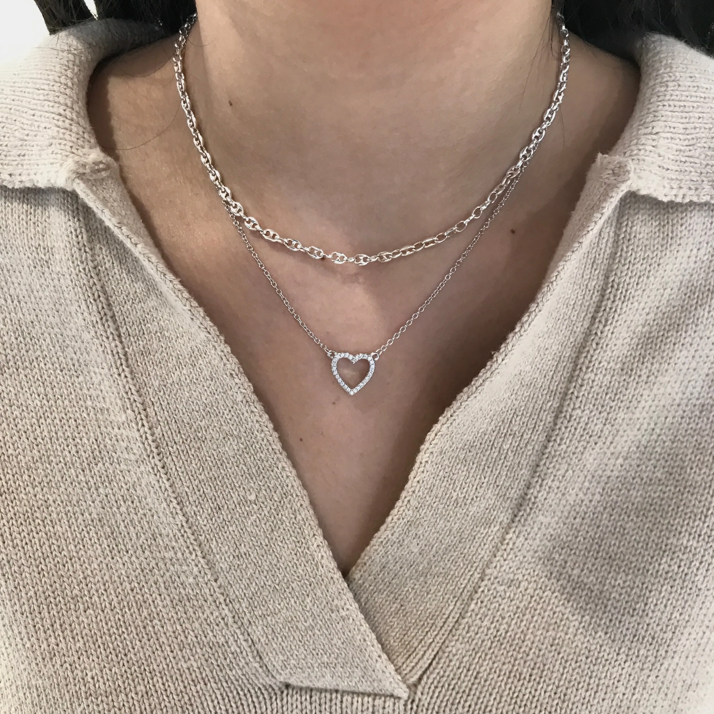 925 Sterling Silver CZ Open Heart Necklace