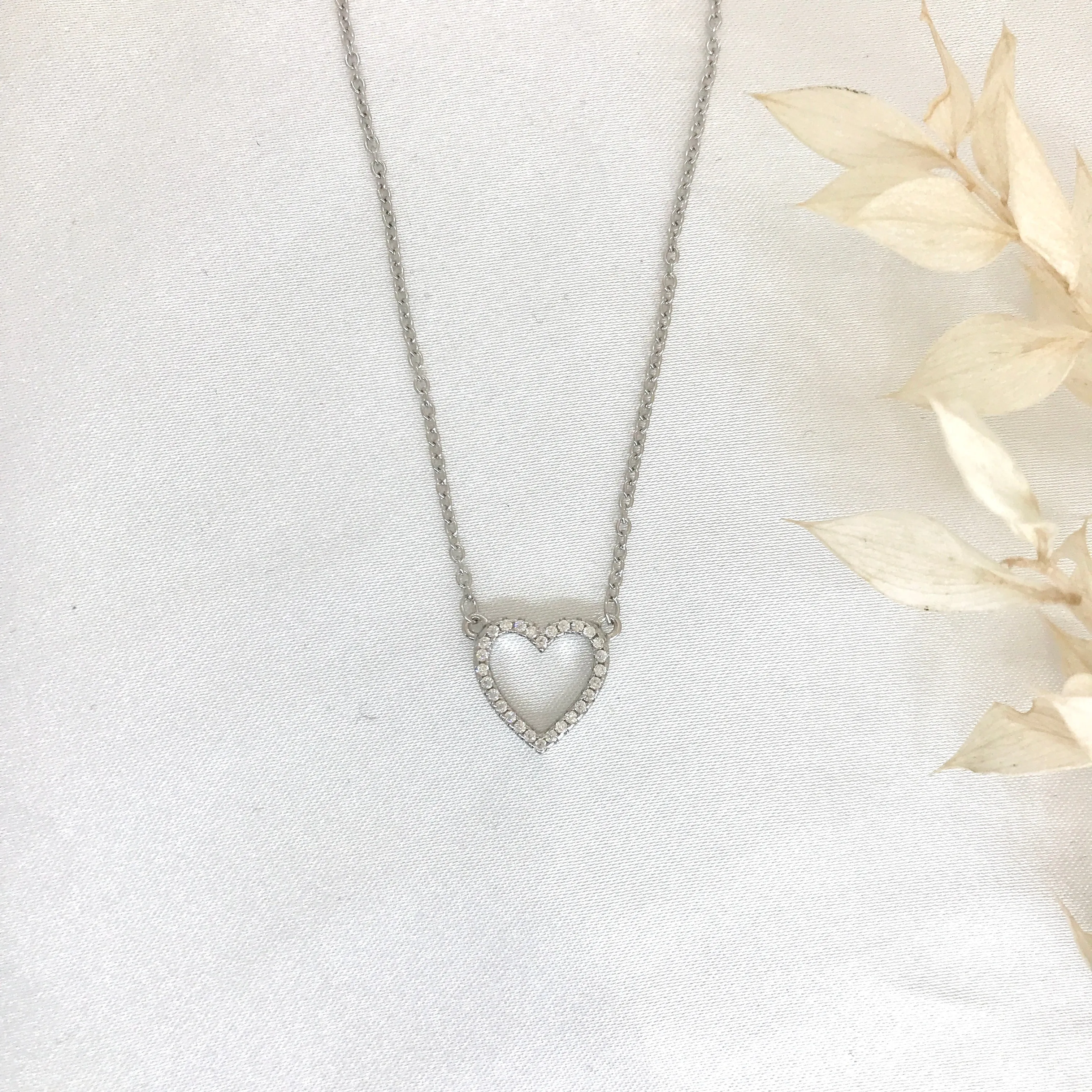 925 Sterling Silver CZ Open Heart Necklace