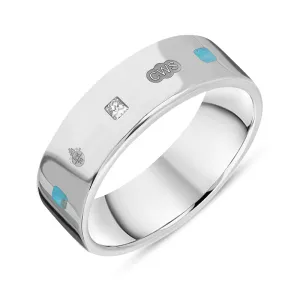 9ct White Gold Turquoise 0.18ct Diamond Queen's Jubilee Hallmark Princess Cut 6mm Ring D