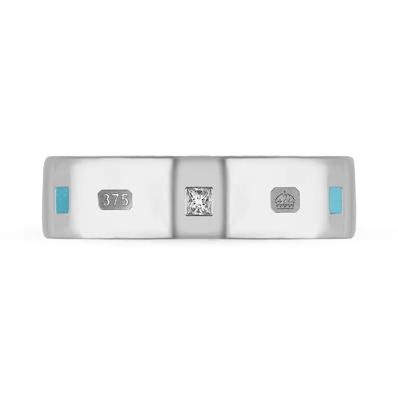 9ct White Gold Turquoise 0.18ct Diamond Queen's Jubilee Hallmark Princess Cut 6mm Ring D