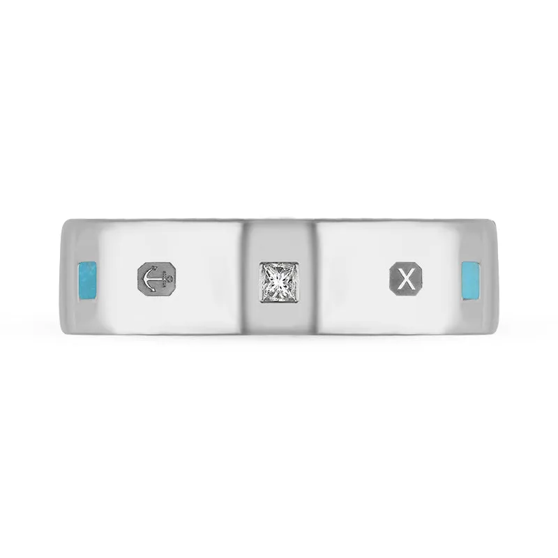 9ct White Gold Turquoise 0.18ct Diamond Queen's Jubilee Hallmark Princess Cut 6mm Ring D