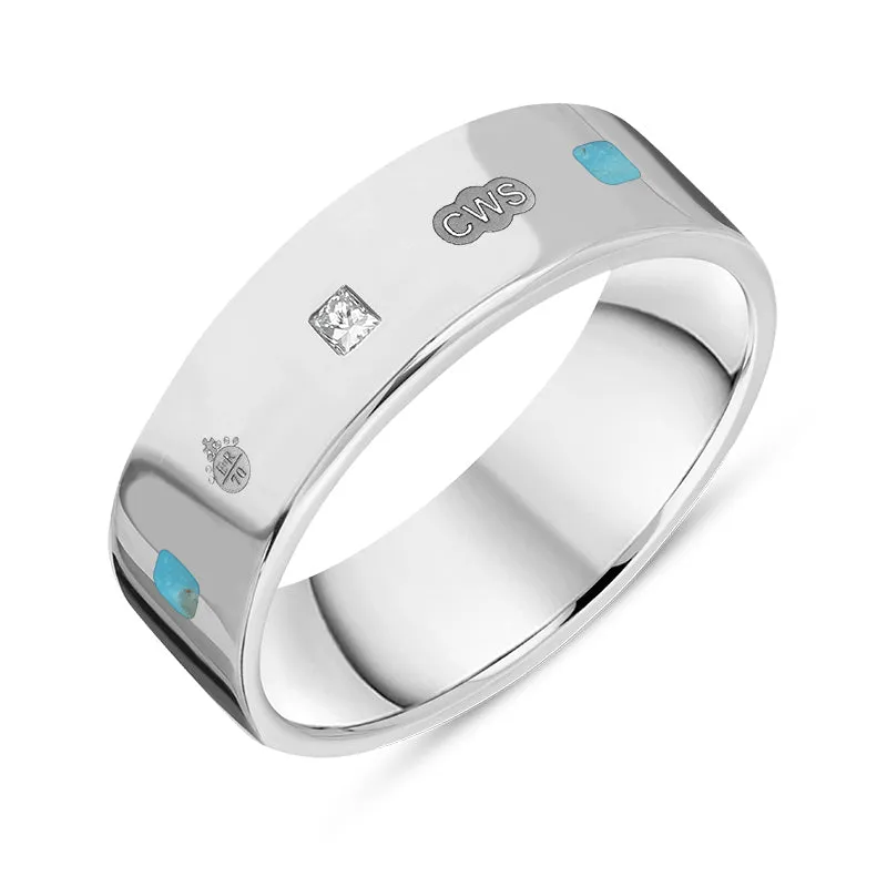 9ct White Gold Turquoise 0.18ct Diamond Queen's Jubilee Hallmark Princess Cut 6mm Ring D
