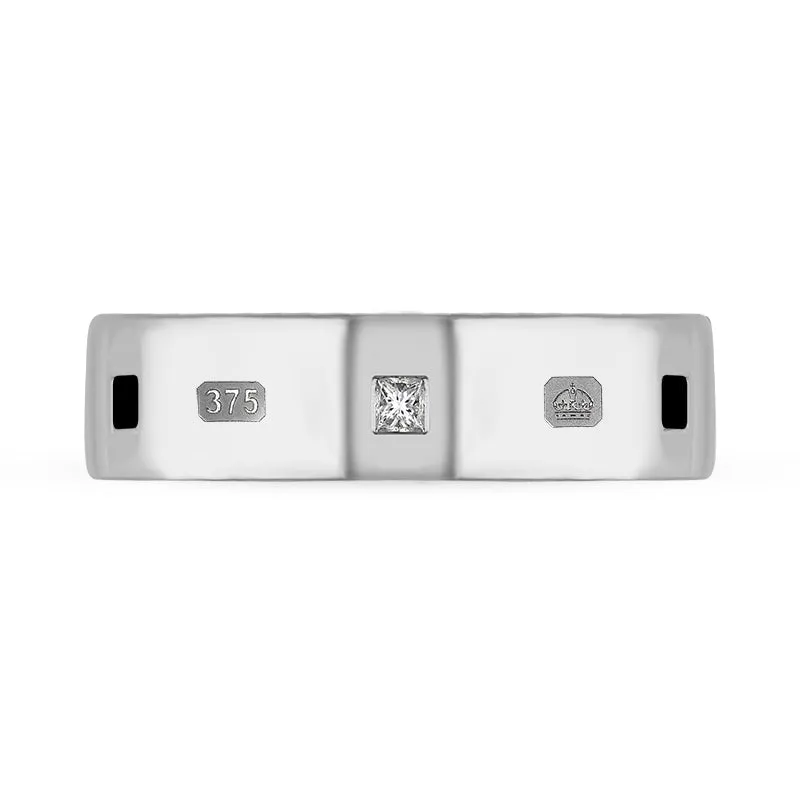 9ct White Gold Whitby Jet 0.18ct Diamond Queen's Jubilee Hallmark Princess Cut 6mm Ring D