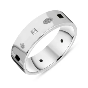 9ct White Gold Whitby Jet 0.18ct Diamond Queen's Jubilee Hallmark Princess Cut 6mm Ring D