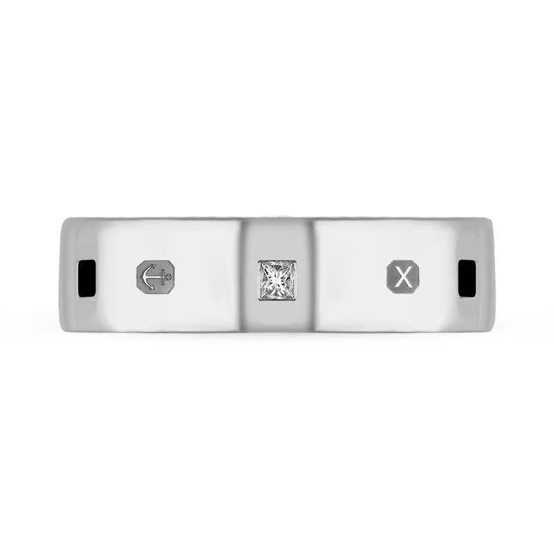 9ct White Gold Whitby Jet 0.18ct Diamond Queen's Jubilee Hallmark Princess Cut 6mm Ring D