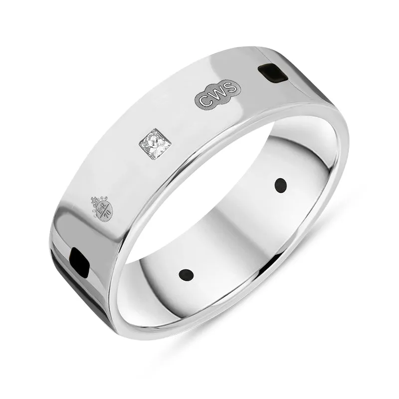 9ct White Gold Whitby Jet 0.18ct Diamond Queen's Jubilee Hallmark Princess Cut 6mm Ring D