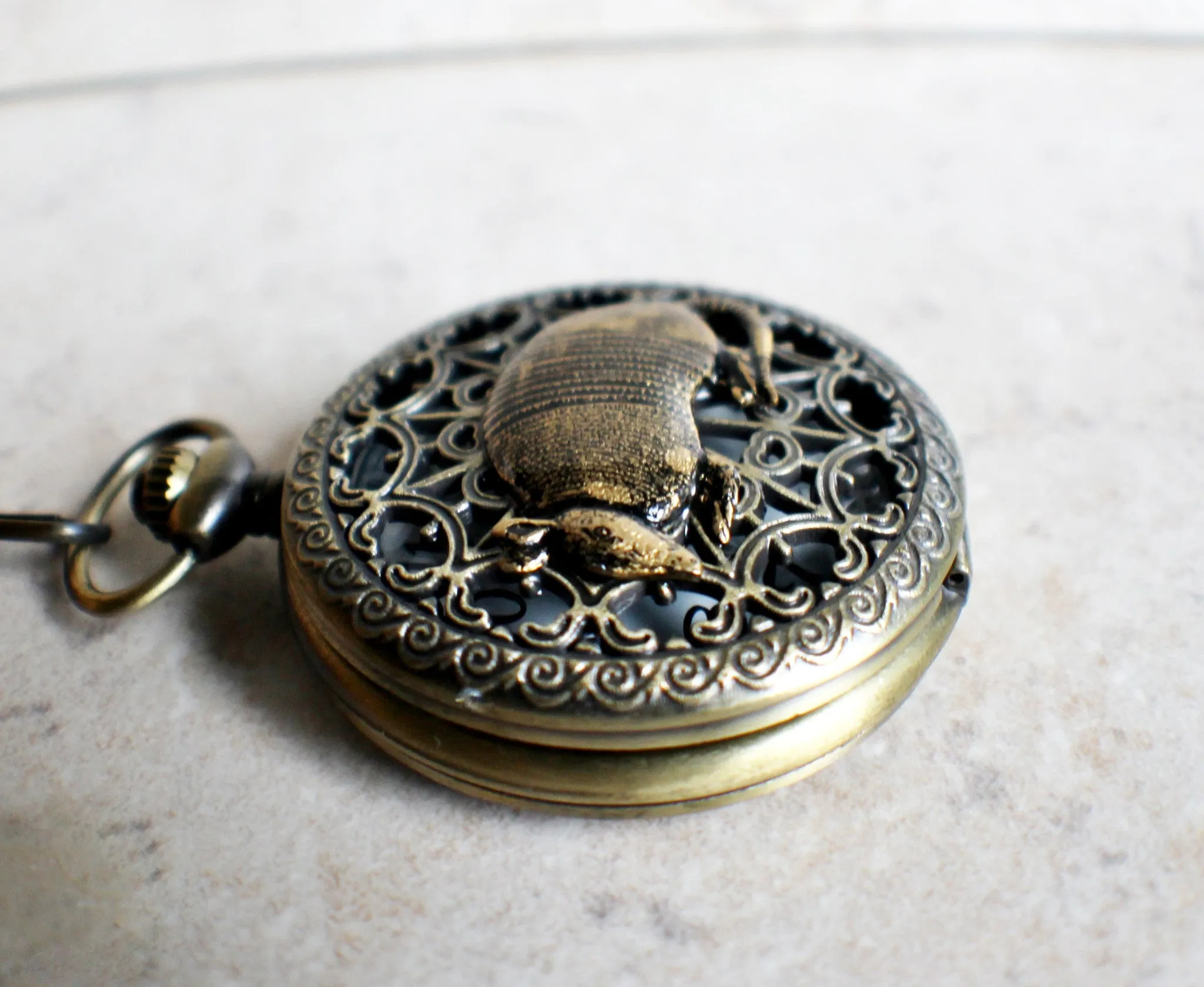 Armadillo pocket watch, mens pocket watch with armadillo mounted on front case