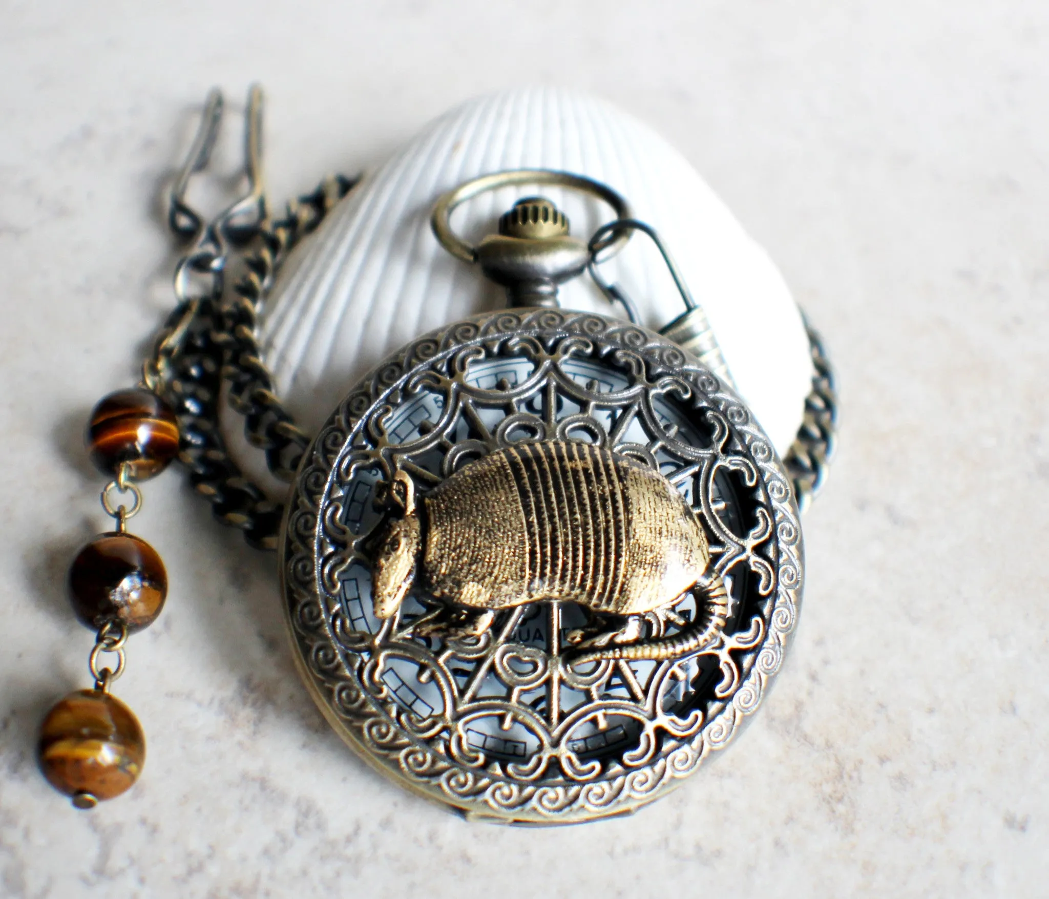 Armadillo pocket watch, mens pocket watch with armadillo mounted on front case