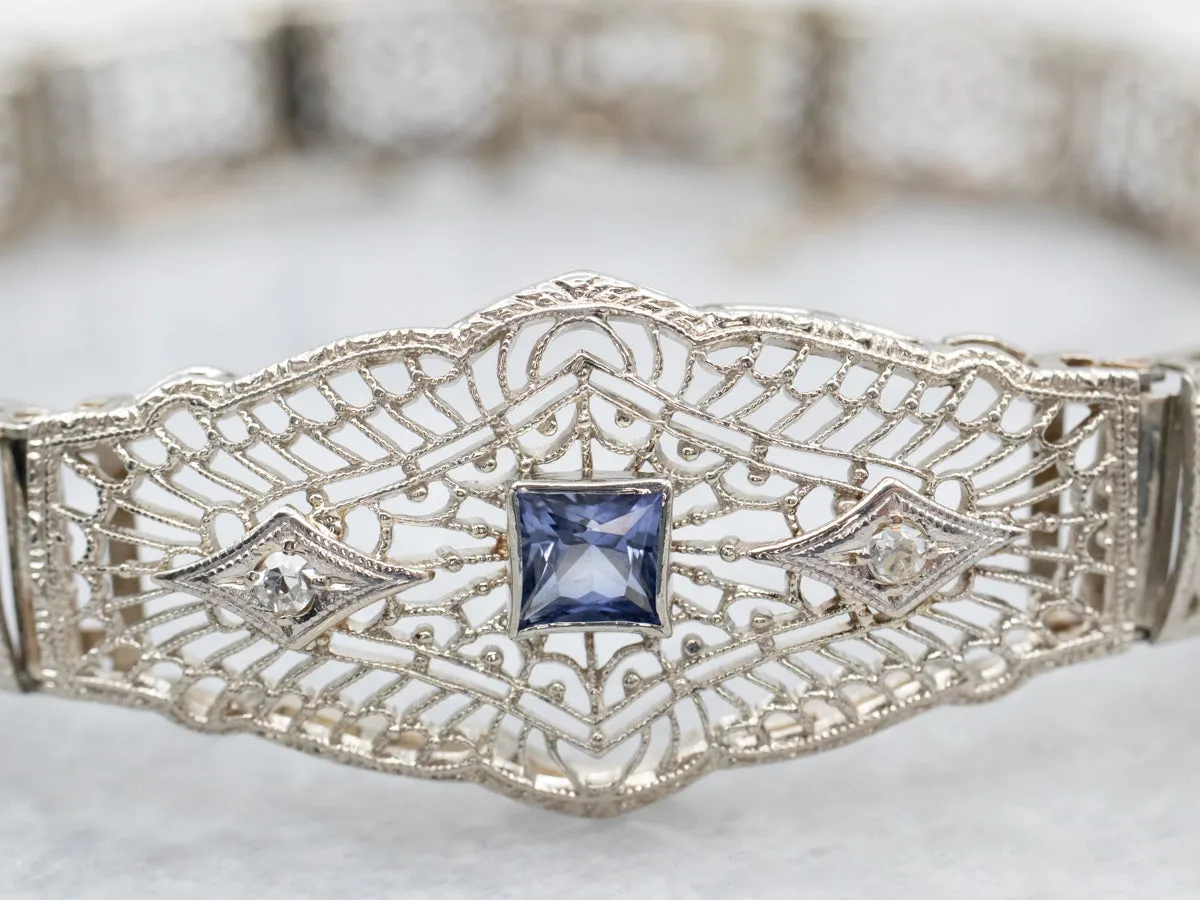 Art Deco Sapphire and Diamond Filigree Link Bracelet