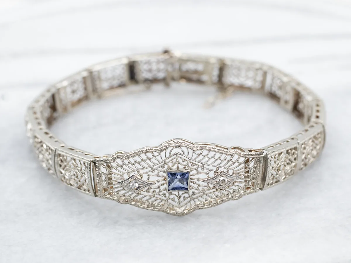 Art Deco Sapphire and Diamond Filigree Link Bracelet