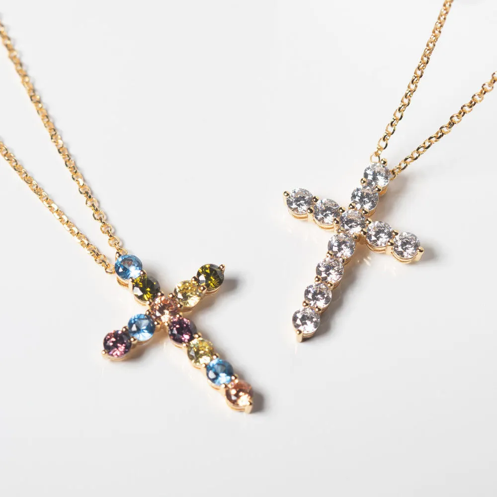 Belluno Croce 18K Gold Plated Necklace w. Colored Zirconias