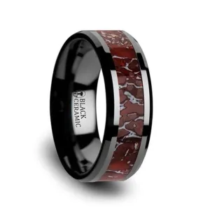 Black Ceramic ??Triassic?? 8mm Red Dinosaur Bone Inlaid Beveled Edge Wedding Band