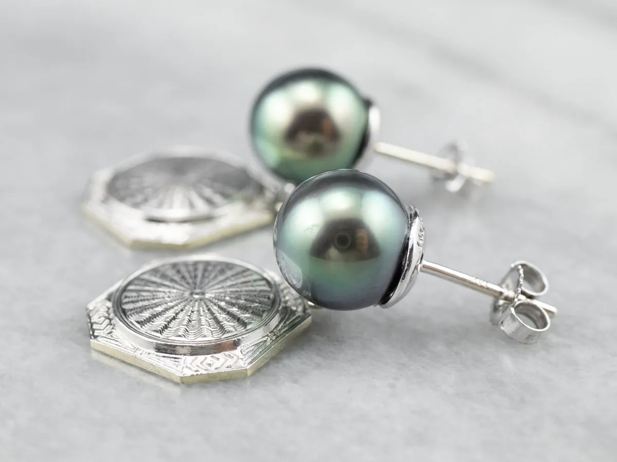 Black Pearl and Etched Gold Drop Earrings