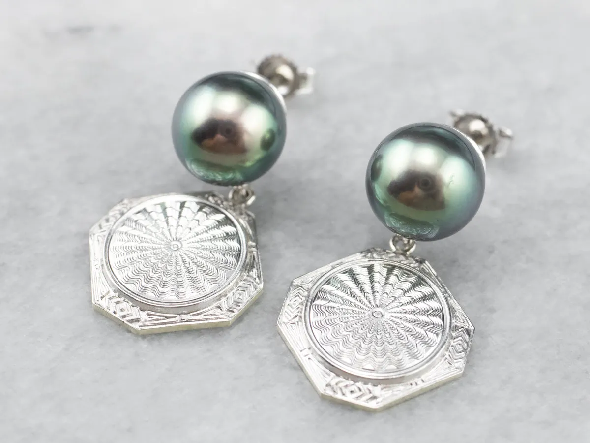 Black Pearl and Etched Gold Drop Earrings