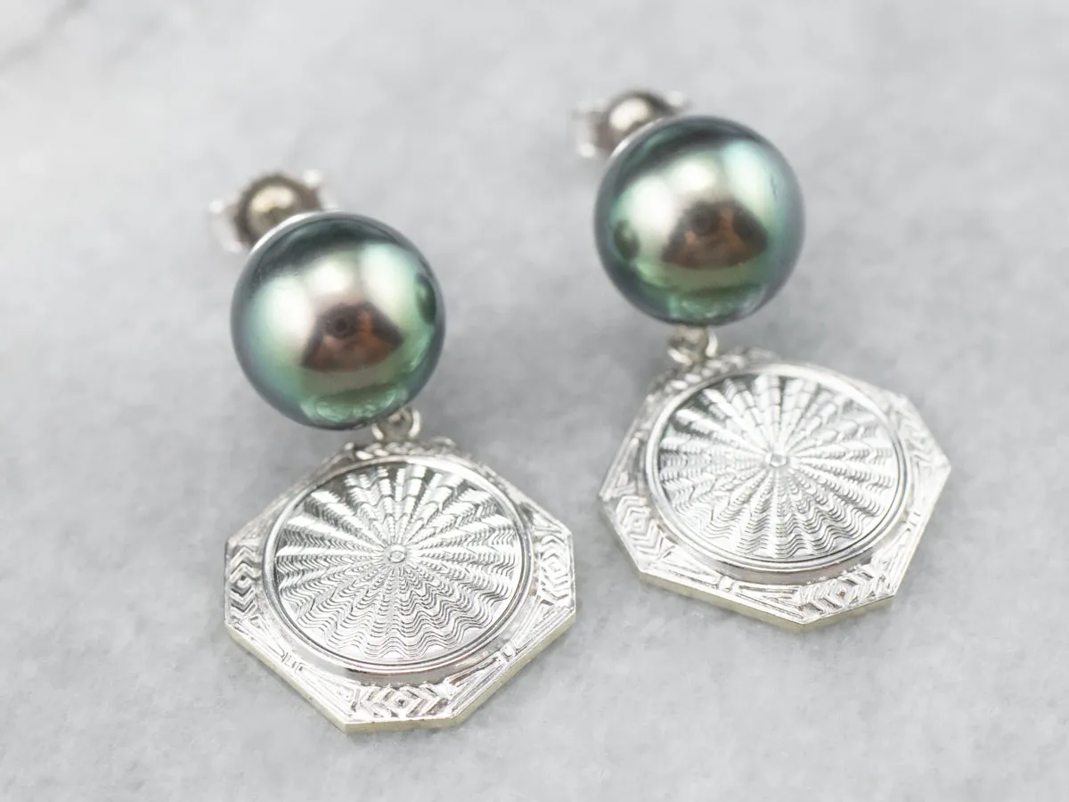 Black Pearl and Etched Gold Drop Earrings