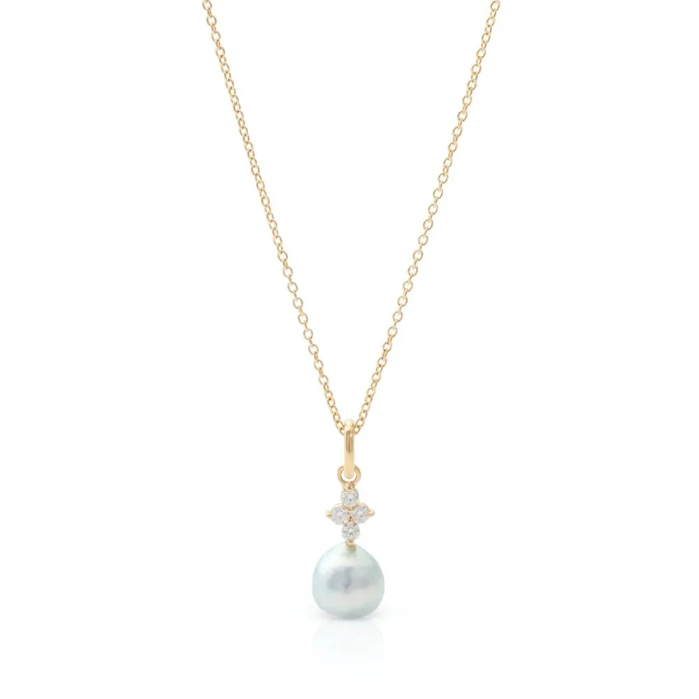 Blue Akoya Pearl & Diamond Drop Pendant Necklace