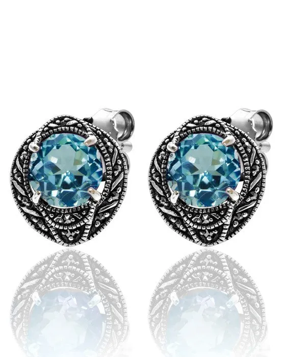 Blue Topaz studs with Oval Marcasite Halo