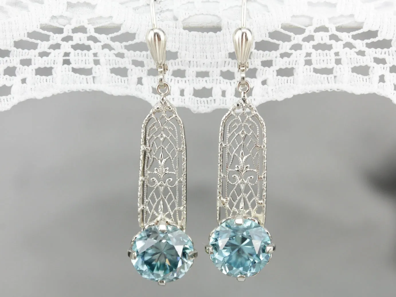 Blue Zircon Filigree Drop Earrings in White Gold with Leverbacks