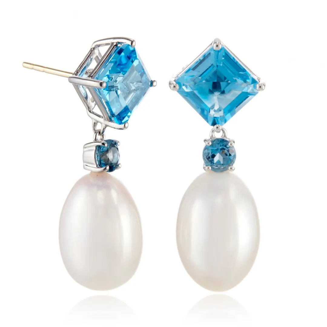 Carmel Drop Earrings in Pearls & Blue Topaz