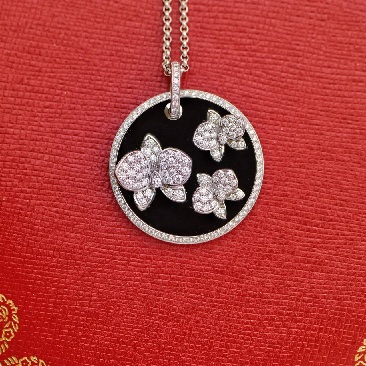Cartier Caresse D'Orchidees Par Cartier Diamond 18K White Gold Black Onyx Round Pendant Necklace