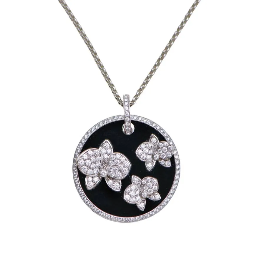 Cartier Caresse D'Orchidees Par Cartier Diamond 18K White Gold Black Onyx Round Pendant Necklace