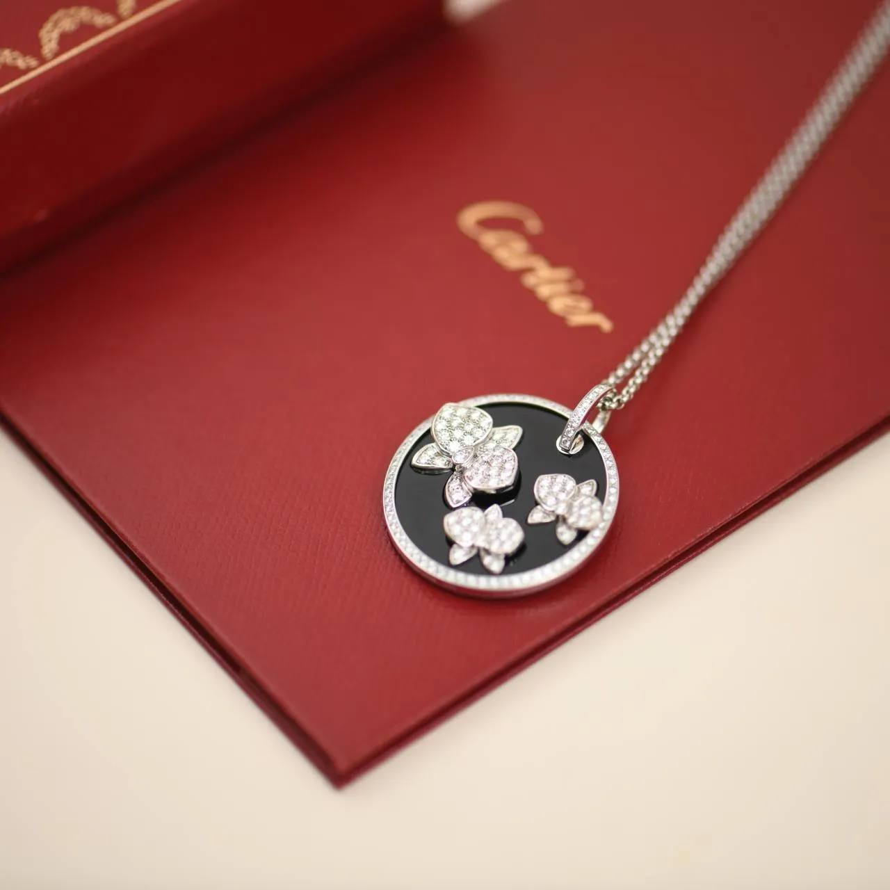 Cartier Caresse D'Orchidees Par Cartier Diamond 18K White Gold Black Onyx Round Pendant Necklace
