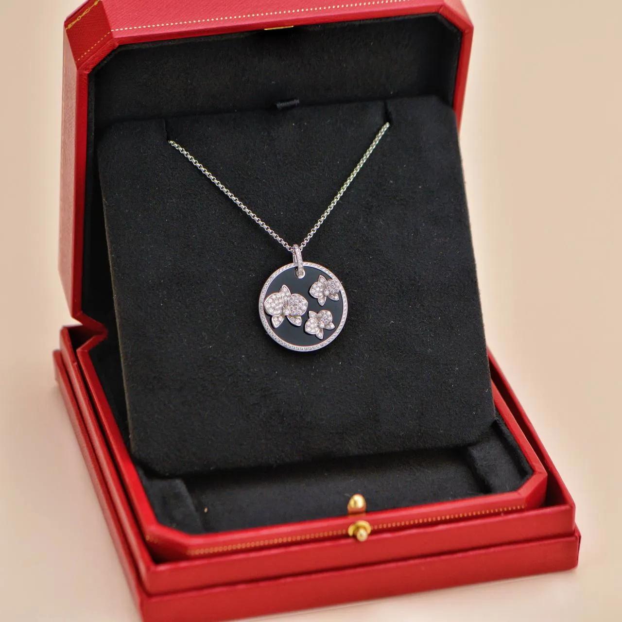 Cartier Caresse D'Orchidees Par Cartier Diamond 18K White Gold Black Onyx Round Pendant Necklace