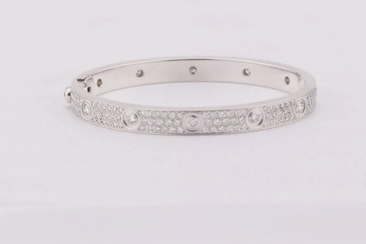 Cartier Love Diamond Pave White 18K Gold Bracelet Size 17