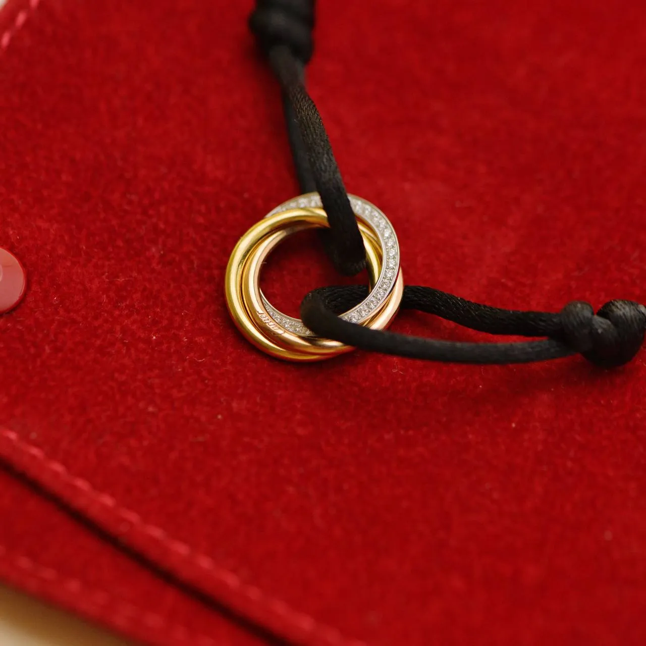Cartier Trinity Diamond 18K Yellow White and Rose Gold Black Cord Bracelet